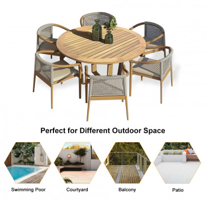 HMR - 7-Pieces Teak Outdoor Dining Set Wood Round Dining Table with 6 Chairs in Natural