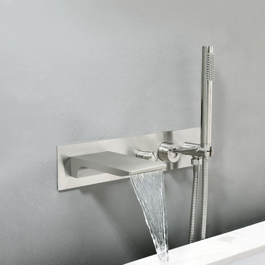 HMR - Modern Waterfall Tub Filler Wall Mounted Bathtub Faucet with Handshower Brushed Nickel