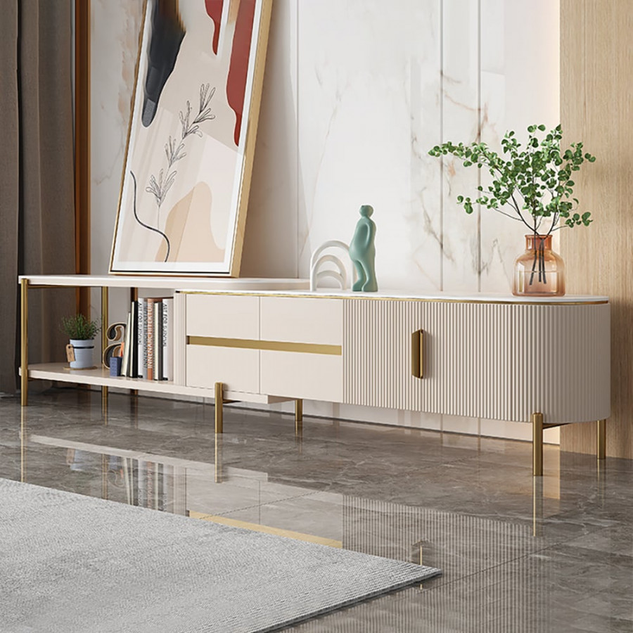 HMR - Mytures Off White Oval Retractable Sintered Stone TV Stand Media Console with 4 Drawers