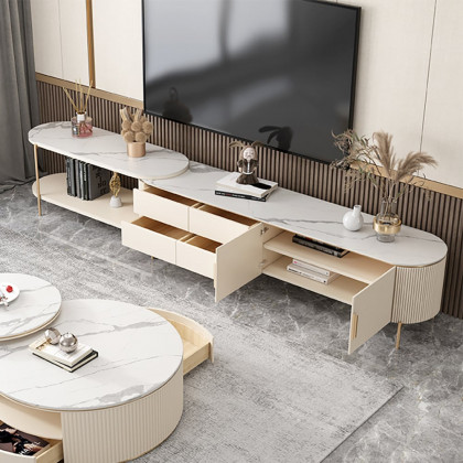 HMR - Mytures Off White Oval Retractable Sintered Stone TV Stand Media Console with 4 Drawers