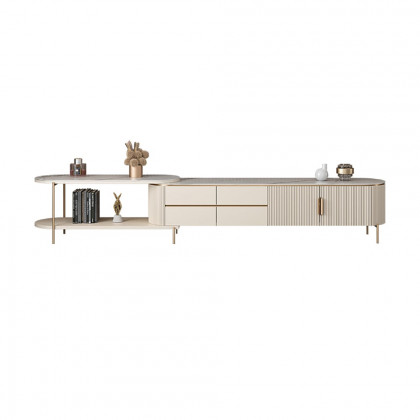 HMR - Mytures Off White Oval Retractable Sintered Stone TV Stand Media Console with 4 Drawers