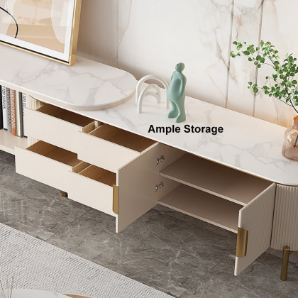 HMR - Mytures Off White Oval Retractable Sintered Stone TV Stand Media Console with 4 Drawers