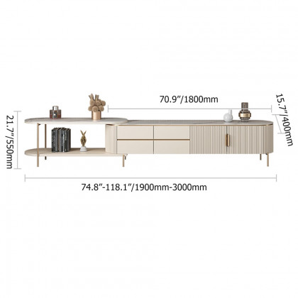 HMR - Mytures Off White Oval Retractable Sintered Stone TV Stand Media Console with 4 Drawers
