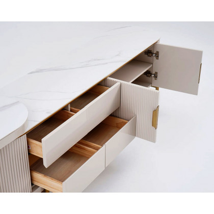 HMR - Mytures Off White Oval Retractable Sintered Stone TV Stand Media Console with 4 Drawers