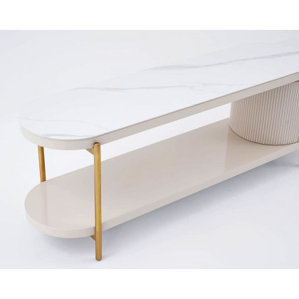 HMR - Mytures Off White Oval Retractable Sintered Stone TV Stand Media Console with 4 Drawers