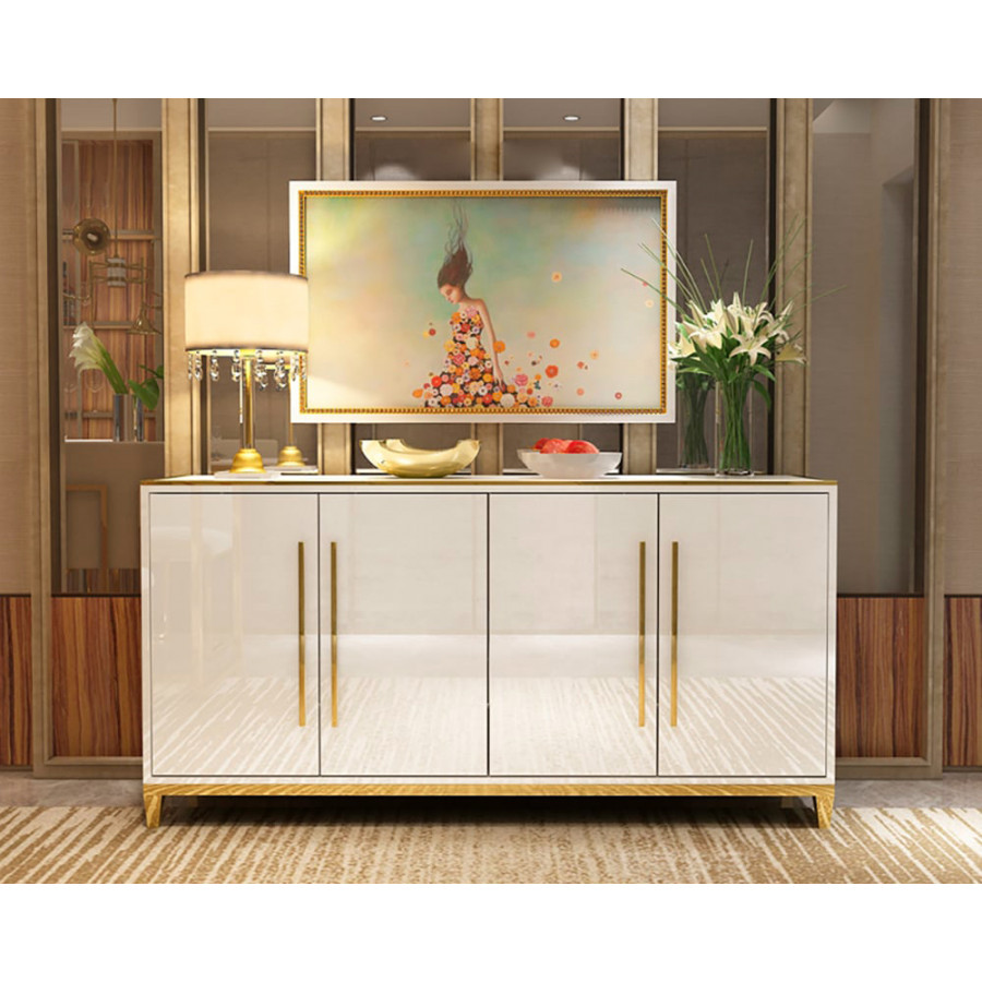 HMR - 59" Rectangle Sideboard Buffet Tempered Glass Top Cabinet 4 Doors & 2 Shelves