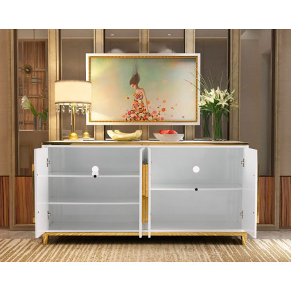 HMR - 59" Rectangle Sideboard Buffet Tempered Glass Top Cabinet 4 Doors & 2 Shelves