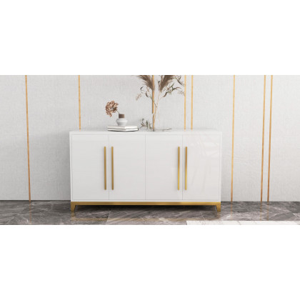 HMR - 59" Rectangle Sideboard Buffet Tempered Glass Top Cabinet 4 Doors & 2 Shelves