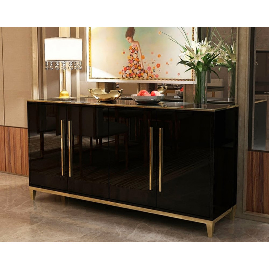 HMR 59" Rectangle Sideboard Buffet Tempered Glass Top Cabinet 4 Doors & 2 Shelves - Black