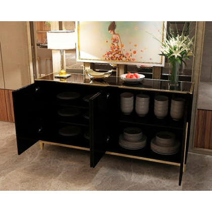 HMR 59" Rectangle Sideboard Buffet Tempered Glass Top Cabinet 4 Doors & 2 Shelves - Black
