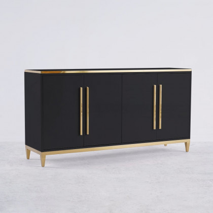 HMR 59" Rectangle Sideboard Buffet Tempered Glass Top Cabinet 4 Doors & 2 Shelves - Black