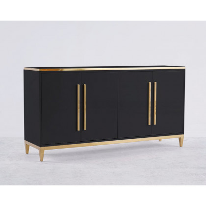 HMR 59" Rectangle Sideboard Buffet Tempered Glass Top Cabinet 4 Doors & 2 Shelves - Black
