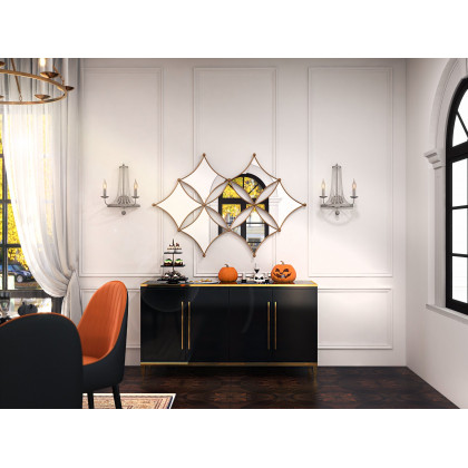 HMR 59" Rectangle Sideboard Buffet Tempered Glass Top Cabinet 4 Doors & 2 Shelves - Black
