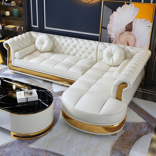 HMR Dodiy Modern L-Shaped Corner Leather Sectional Sofa 5-Seater with Chaise Pillows - White, Right-Hand Facing