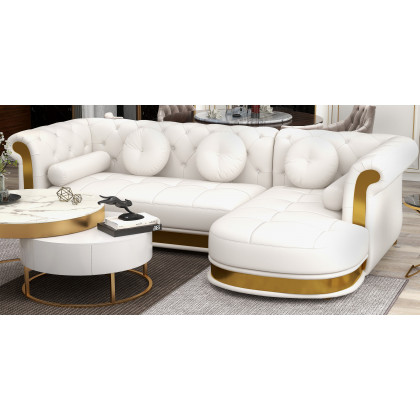 HMR Dodiy Modern L-Shaped Corner Leather Sectional Sofa 5-Seater with Chaise Pillows - White, Right-Hand Facing