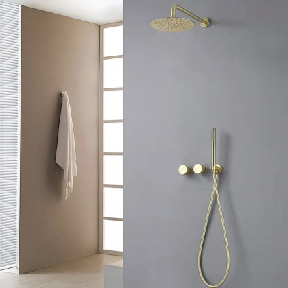 HMR - 12" Wall-Mounted Rain Shower System with Hand Shower Brushed Gold