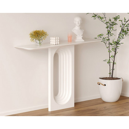 HMR - 47 Modern Japandi Narrow Wood Console Table with Geometric Pedestal Entryway Table