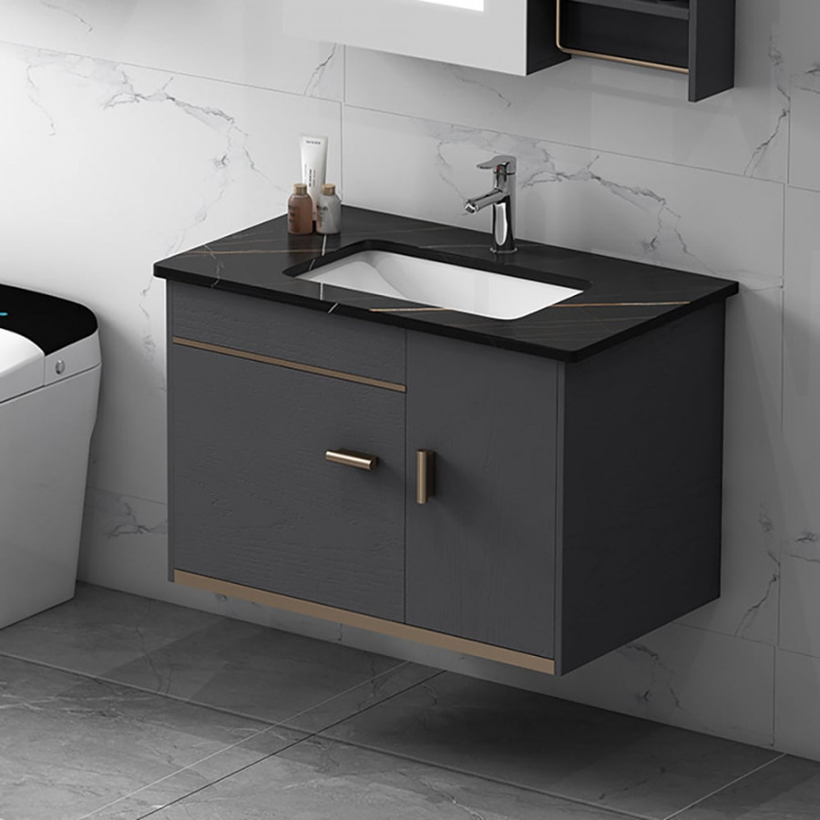 HMR - Bathroom Vanity Set 23.6" Modern Floating Sintered Stone Bathroom Vanity Black with Sink