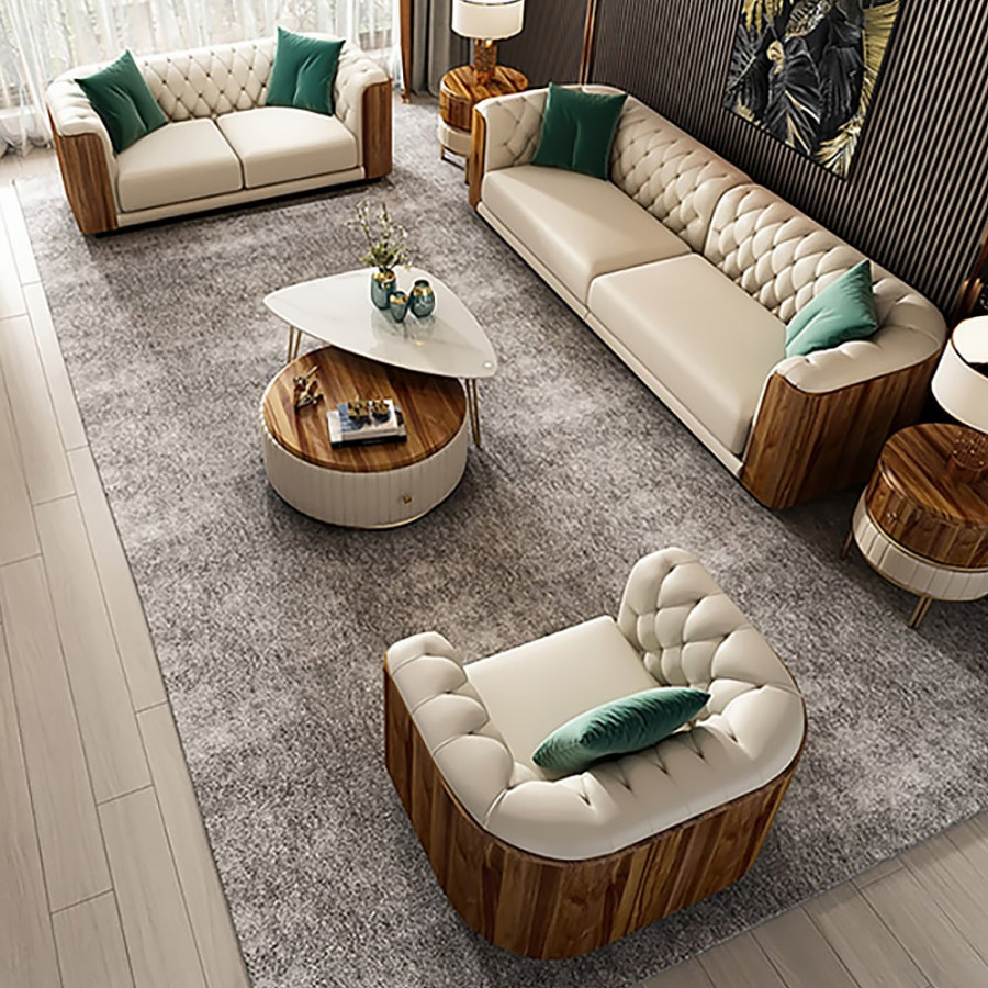 HMR - Wovent Modern Beige Faux Leather Tufted Sofa & Loveseat Living Room Set of 3