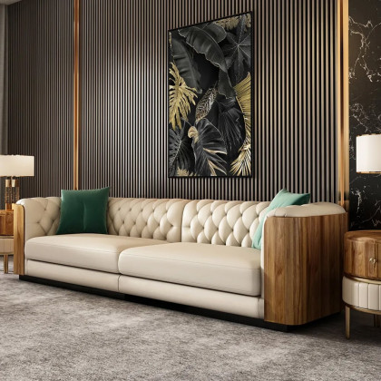 HMR - Wovent Modern Beige Faux Leather Tufted Sofa & Loveseat Living Room Set of 3
