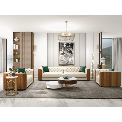 HMR - Wovent Modern Beige Faux Leather Tufted Sofa & Loveseat Living Room Set of 3