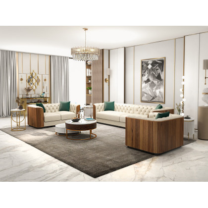 HMR - Wovent Modern Beige Faux Leather Tufted Sofa & Loveseat Living Room Set of 3