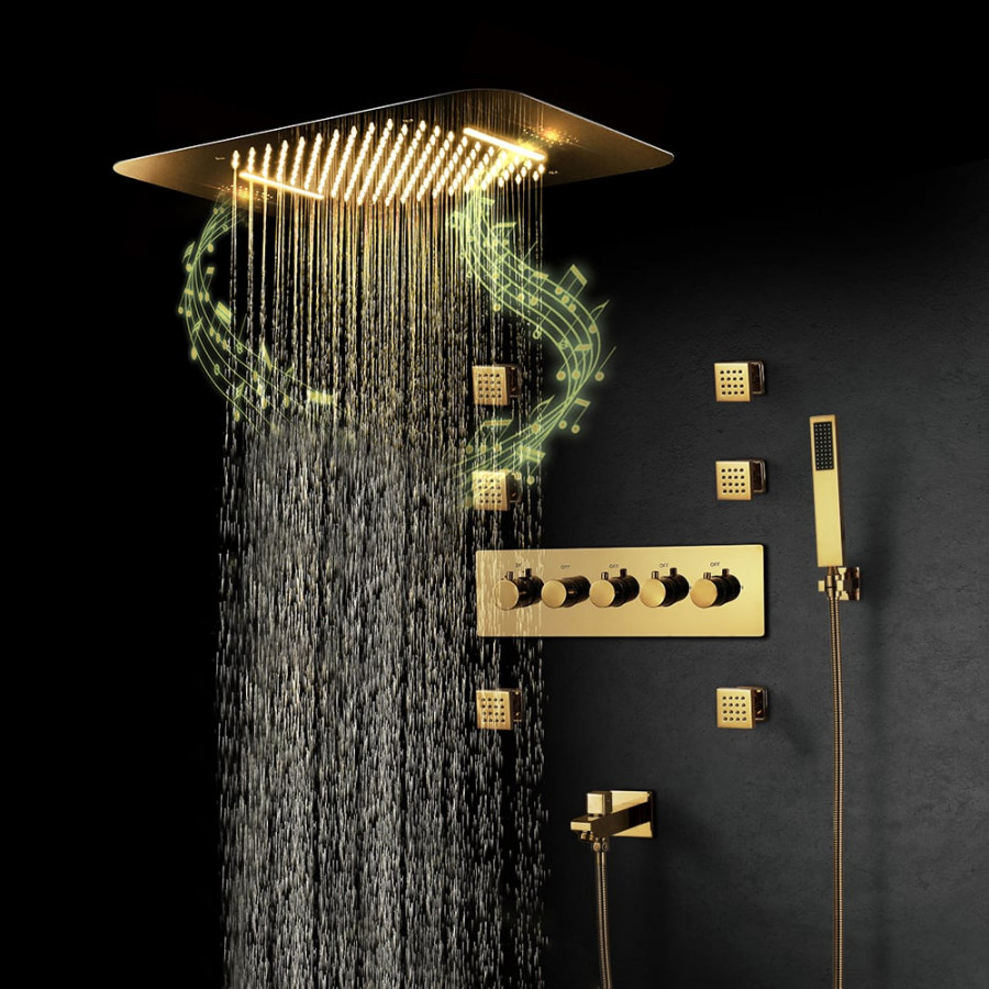 HMR Wall-Mounted 23" Thermostatic Shower System 4 Functions - Gold