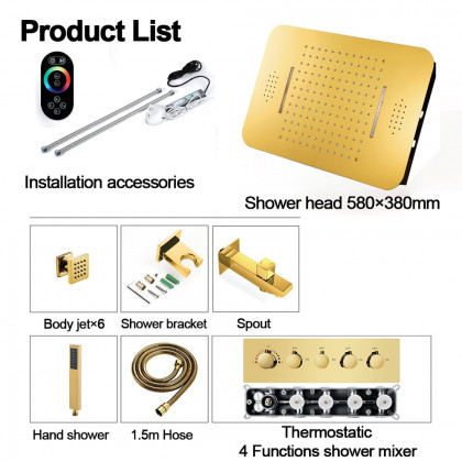 HMR Wall-Mounted 23" Thermostatic Shower System 4 Functions - Gold