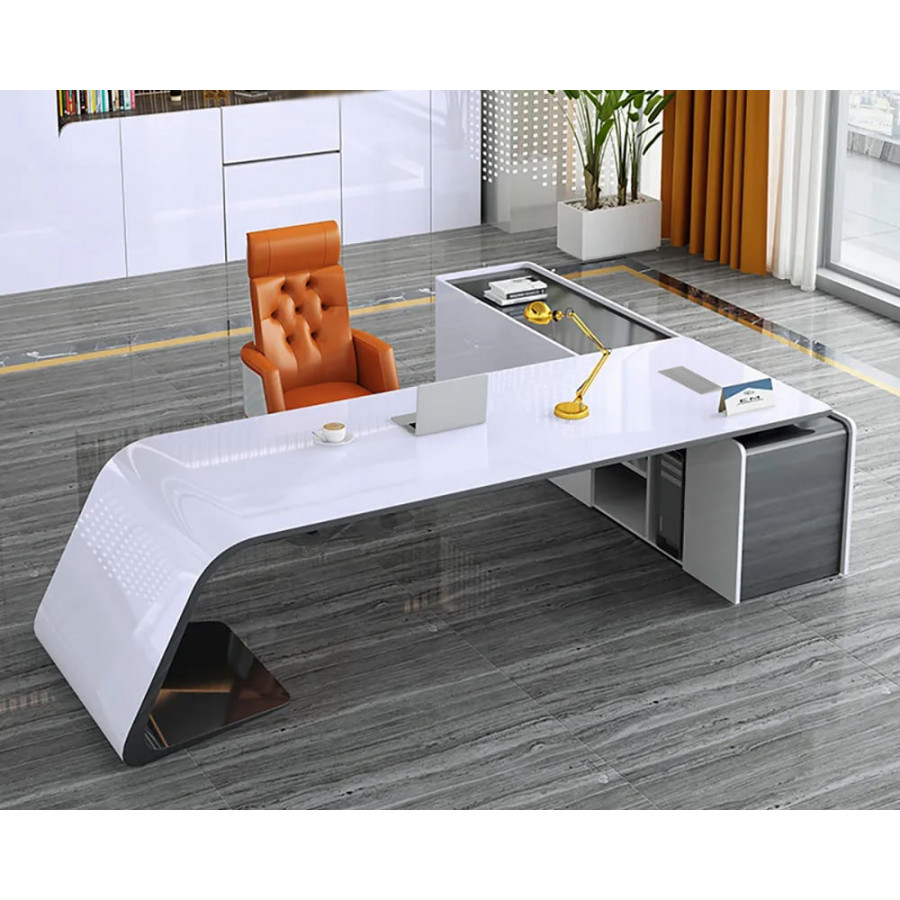 HMR - L-Shaped Modern White Office Desk with Storage