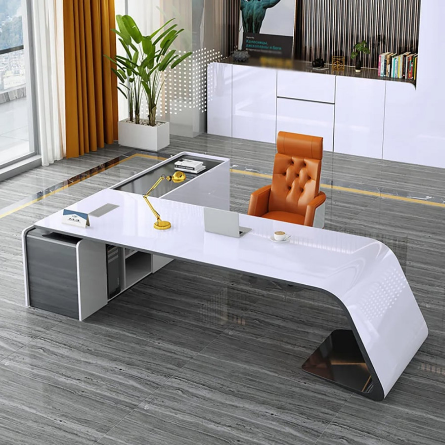 HMR L-Shaped Modern White Office Desk with Storage - Right Hand, 102.4"
