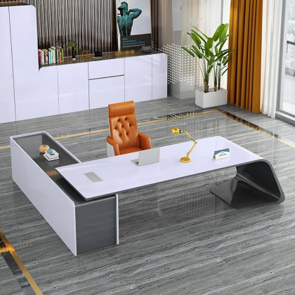 HMR L-Shaped Modern White Office Desk with Storage - Right Hand, 102.4"