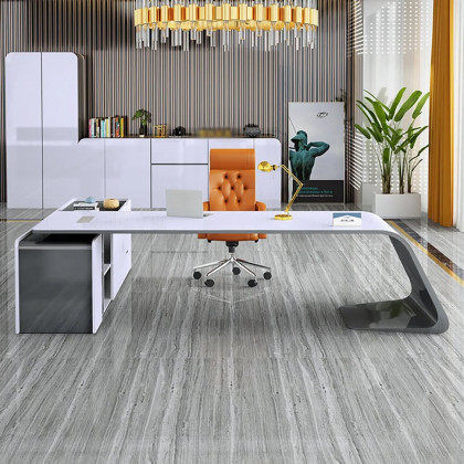 HMR L-Shaped Modern White Office Desk with Storage - Right Hand, 102.4"