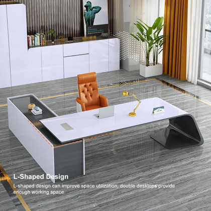 HMR L-Shaped Modern White Office Desk with Storage - Right Hand, 102.4"