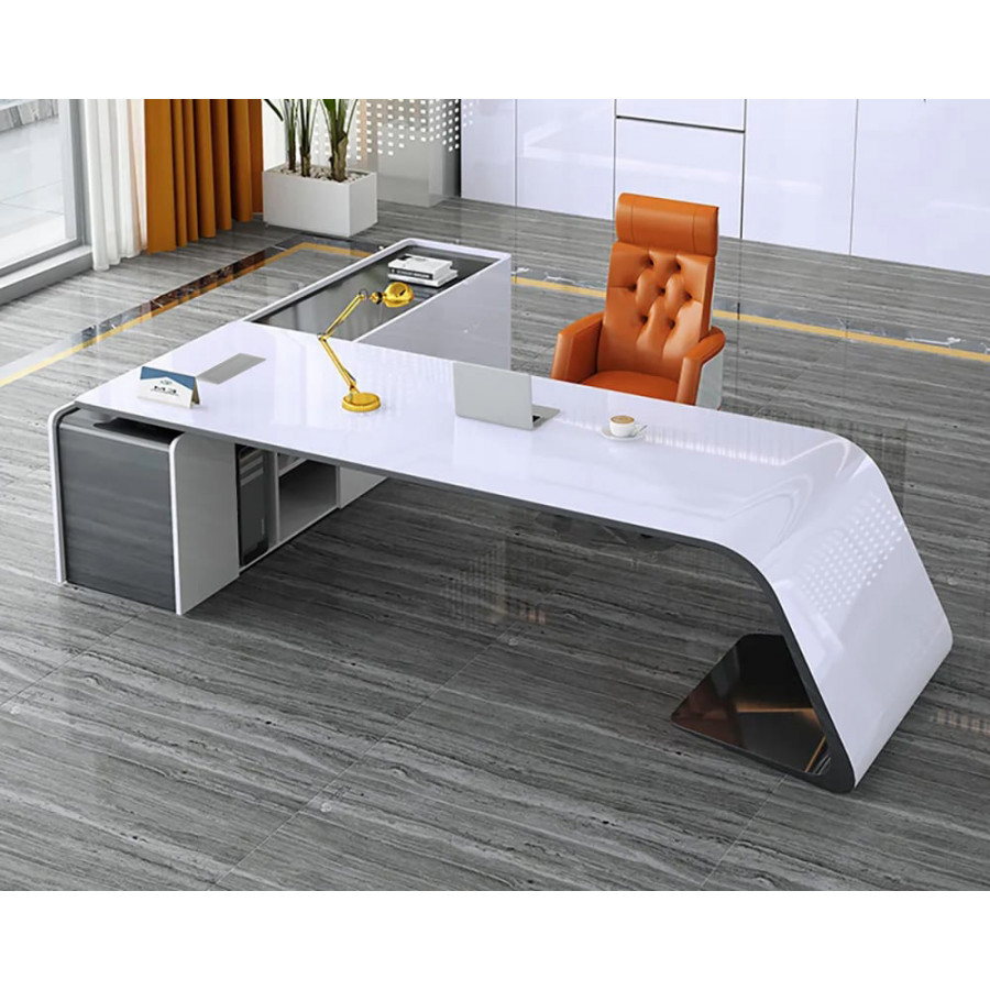 HMR L-Shaped Modern White Office Desk with Storage - Right Hand, 86.6"
