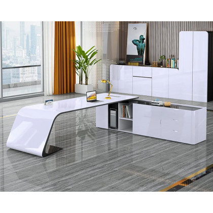 HMR L-Shaped Modern White Office Desk with Storage - Right Hand, 86.6"