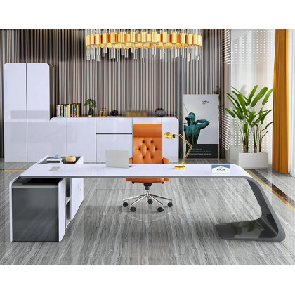 HMR L-Shaped Modern White Office Desk with Storage - Right Hand, 86.6"