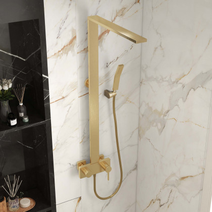 HMR - Exposed Brushed Gold Wall-Mount Rain Shower System with Hand Shower