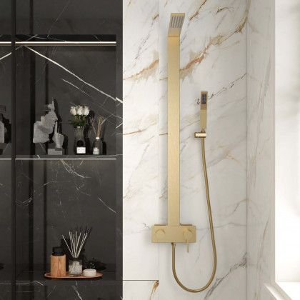 HMR - Exposed Brushed Gold Wall-Mount Rain Shower System with Hand Shower