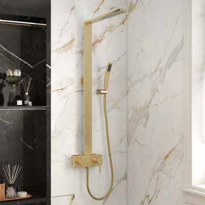 HMR - Exposed Brushed Gold Wall-Mount Rain Shower System with Hand Shower