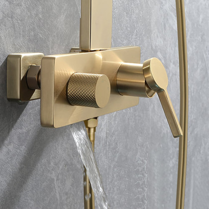 HMR - Exposed Brushed Gold Wall-Mount Rain Shower System with Hand Shower
