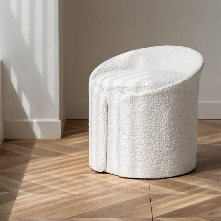 HMR - Modern White Round Lamb Wool Vanity Stool with Backrest