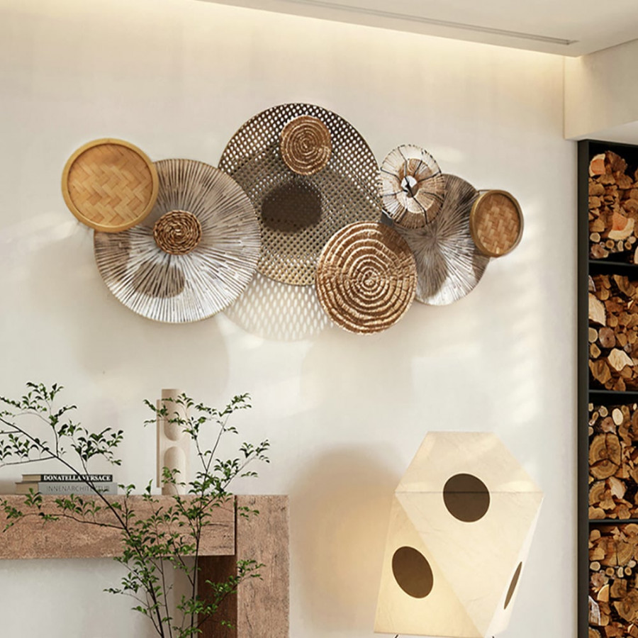 HMR - 49.6" Japandi Round Woven Rattan Large Wall Decor Overlapping Wooden Art for Living Room