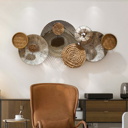 HMR - 49.6" Japandi Round Woven Rattan Large Wall Decor Overlapping Wooden Art for Living Room