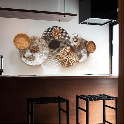 HMR - 49.6" Japandi Round Woven Rattan Large Wall Decor Overlapping Wooden Art for Living Room