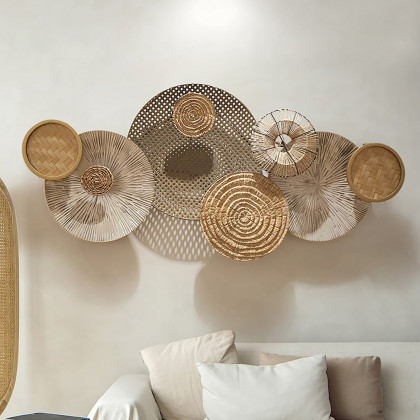 HMR - 49.6" Japandi Round Woven Rattan Large Wall Decor Overlapping Wooden Art for Living Room