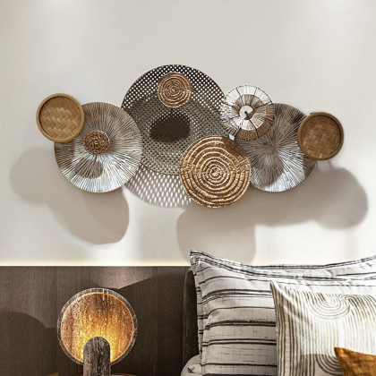 HMR - 49.6" Japandi Round Woven Rattan Large Wall Decor Overlapping Wooden Art for Living Room