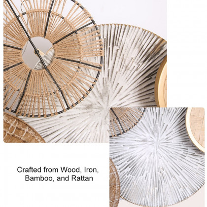 HMR - 49.6" Japandi Round Woven Rattan Large Wall Decor Overlapping Wooden Art for Living Room
