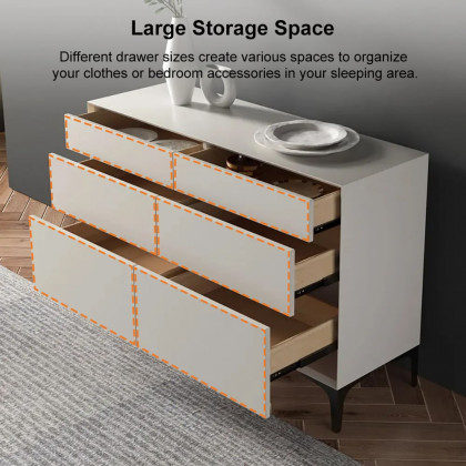 HMR - 47.2" Minimalist Off White Dresser Accent 6-Drawer Cabinet