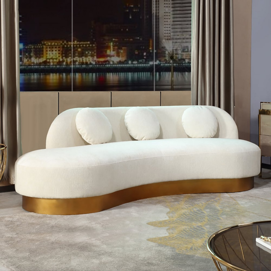 HMR - Modern White & Gold Velvet Curved Sofa for 3 Seaters with Pillows & Stainless Steel Base