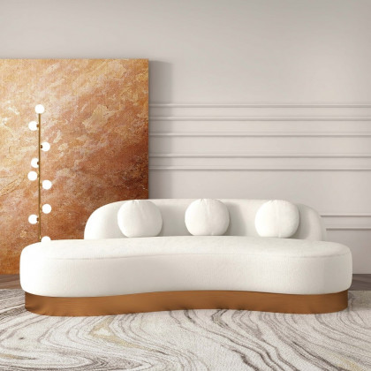 HMR - Modern White & Gold Velvet Curved Sofa for 3 Seaters with Pillows & Stainless Steel Base
